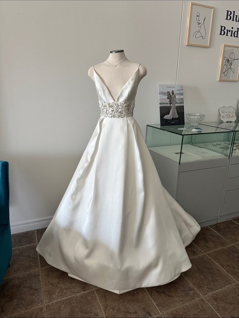 Anne barge Ivory Satin V-Neck Bridal Gown with Embellished Waist